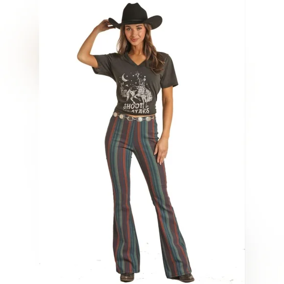 Rock & Roll Cowgirl Denim Bargain Bell Bottoms Pull On Size 26 Stripe Festival - Picture 1 of 10